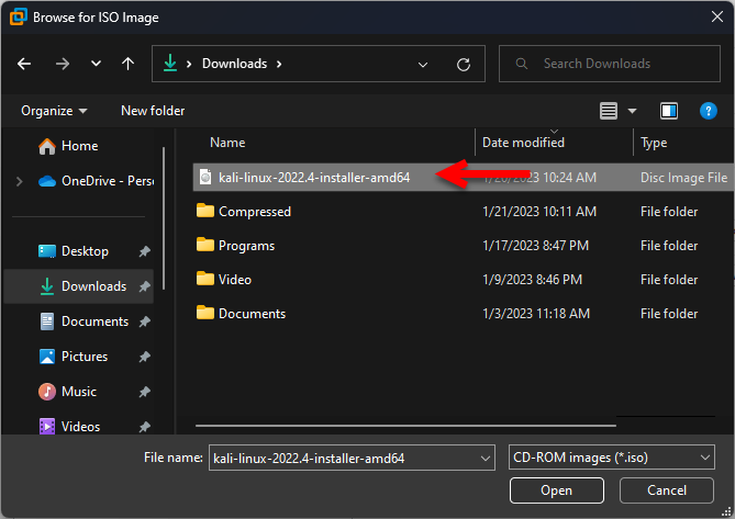Select Kali Linux ISO file