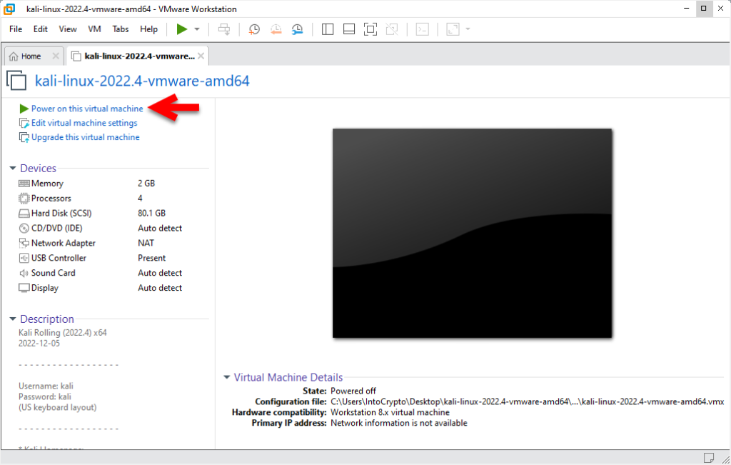 Power on the virtual machine