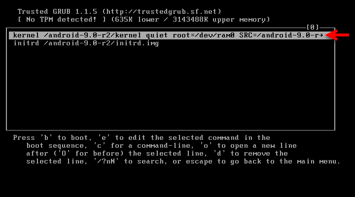 Kernel /Android-9.0-r2/kernel quiet roo=/dev/ram0 SRC=/android-9.0-r