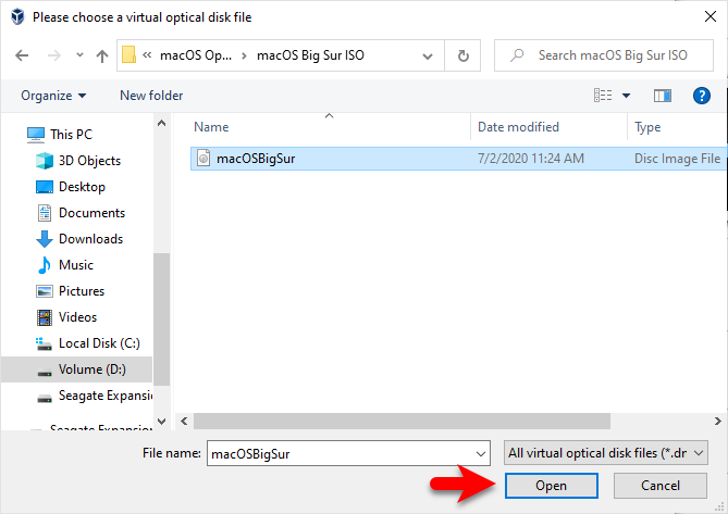 Select macOS Big Sur ISO image file