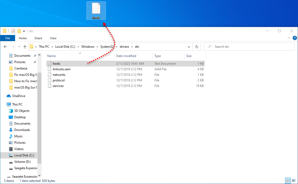 Move hosts file to desktop