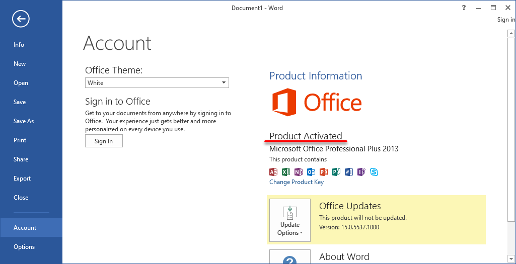 Microsoft Office activated