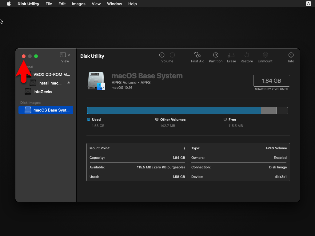 Close disk utility